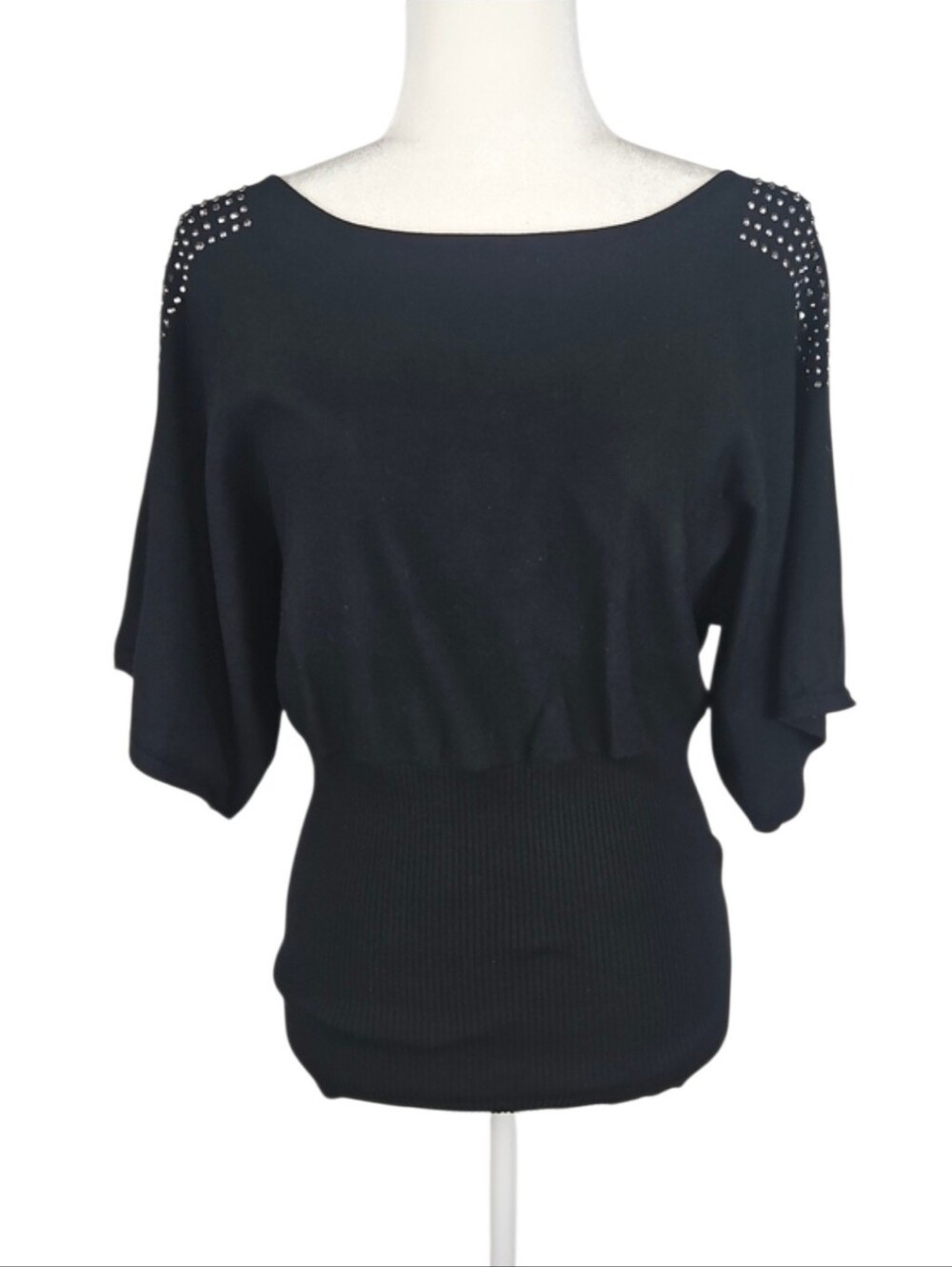 Rhinestone Studded Black Short Sleeve Blouse Top Bling Party, M